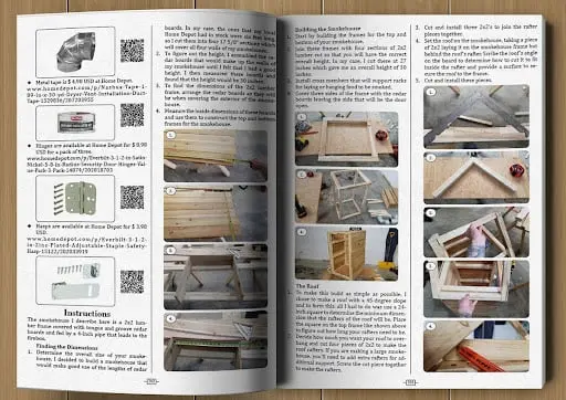 Inside pages of No Grid Survival Projects showing the smokehouse build with step photos and instructions