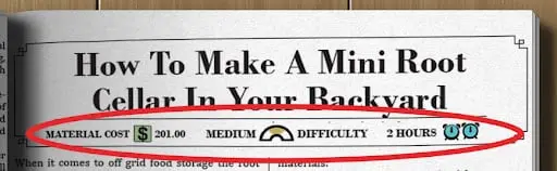 No Grid Survival Projects project header showing material cost, difficulty and build time for a mini root cellar