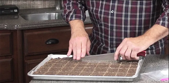 Homemade pemmican being cut into bars on a baking tray, from No Grid Survival Projects