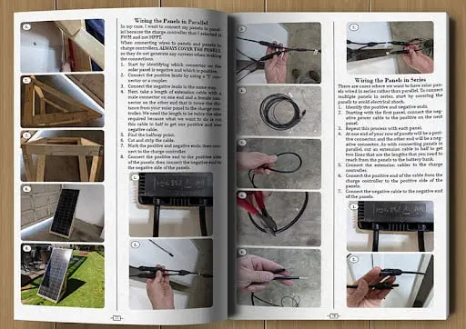 No Grid Survival Projects pages showing how to wire solar panels in parallel and in series