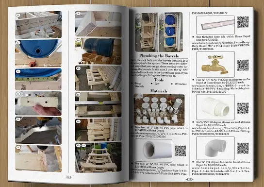No Grid Survival Projects pages for plumbing rain barrels with step photos, tools and a materials list
